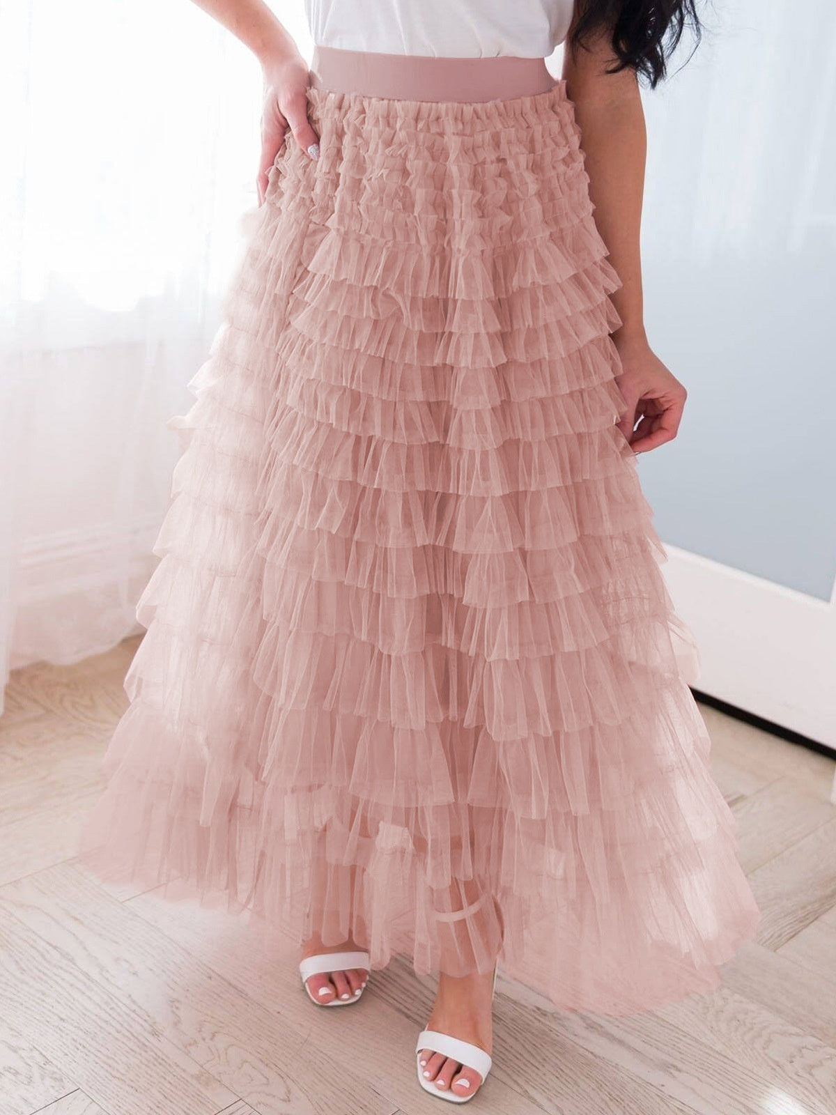 Layered Ruffles Cake Skirt Summer Fashion A Line Swing Mesh Long Skirt Party Dress Women